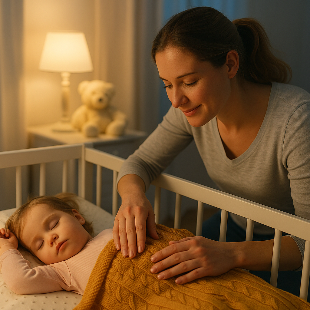 A mother gently tucking in her sleeping child in a dimly lit nursery.